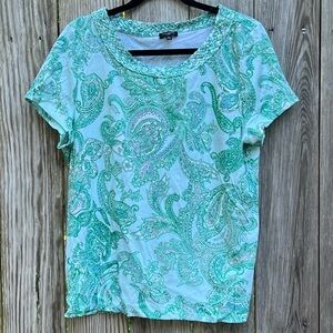 TALBOTS Green Paisley Cotton Blend Short Sleeve Top Braided Neckline Women’s XLP
